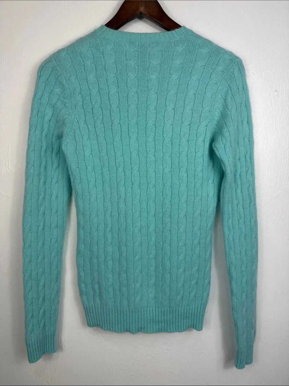 Kirkland Signature 100% Cashmere Cable Knit Crewneck Sweater Aqua Blue S